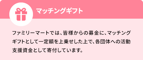 マッチングギフト（ファミリーマートでは皆様からの募金に、マッチングギフトとして一定額を上乗せした上で、各団体への活動支援資金として寄付しています。）