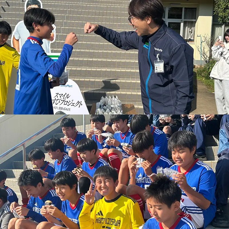 お届けの様子と集合写真