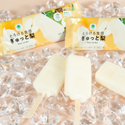 2025年度販売のファミマルフルーツバーにおける初週販売数No.1商品「とろける食感　ぎゅっと梨」が今年も登場！長野県産梨の果汁を贅沢に60％使用し、8月25日（火）から数量限定で発売