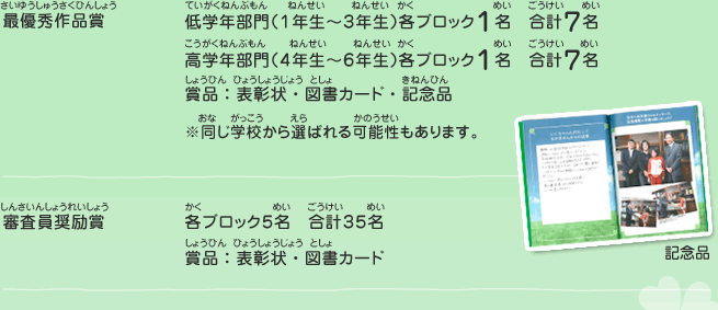 最優秀作品賞／低学年部門（１年生～３年生）各ブロック１名　合計７名、高学年部門（４年生～６年生）各ブロック１名　合計７名、賞品：表彰状・図書カード・記念品　※同じ学校から選ばれる可能性もあります。　審査員奨励賞／各ブロック５名　合計３５名、賞品：表彰状・図書カード