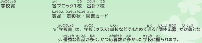 学校賞／各ブロック１校　合計７校、賞品：表彰状・図書カード　※「学校賞」は、学校（クラス）単位などでまとめて送る「団体応募」が対象となり、優秀な作品が多く、かつ応募数が多かった学校に贈られます。