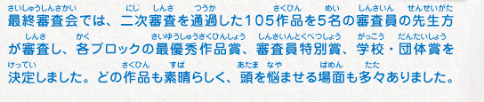 最終審査会では、二次審査を通過した１０５作品を５名の審査員の先生方が審査し、各ブロックの最優秀作品賞、審査員特別賞、学校・団体賞を決定しました。どの作品も素晴らしく、頭を悩ませる場面も多々ありました。