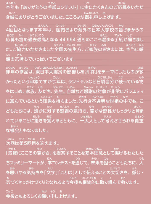 本年も「ありがとうの手紙コンテスト」に実にたくさんのご応募をいただき誠に
							ありがとうございました。こころより御礼申し上げます。

							４回目となります本年は、国内および海外の日本人学校の皆さまからの応募も含め過去最高となる44,554通ものこころ温まる手紙が届きました。ご協力いただきました全国の先生方、ご家族の皆さまには、本当に感謝の気持ちでいっぱいでございます。昨年の作品は、東日本大震災の影響もあり「絆」をテーマにしたものが多かったという印象ですが今年は、ランドセルなど日頃自分が使っている物をはじめ、家族、友だち、先生、自然など感謝の対象が非常にバラエティに富んでいるという印象を持ちました。先行き不透明な世相の中でも、こどもたちには、誰かに対する感謝の気持ち、豊かな感性がしっかりと育まれていることに驚きを覚えるとともに、一大人として考えさせられる貴重な機会ともなりました。次回は第５回目を迎えます。「気軽にこころの豊かさ」を提案することを基本理念として掲げるわたしたちファミリーマートが、本コンテストを通じて、未来を担うこどもたちに、人を思いやる気持ちを「文字」「ことば」として伝えることの大切さを、感じ・気づくきっかけづくりとなれるよう今後も継続的に取り組んで参ります。今後ともよろしくお願い申し上げます。