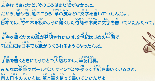 文字はできたけど、そのころはまだ紙がなかった。だから、岩や石、亀のこうら、羊の皮などに文字を書いていたんだよ。日本では、竹や木を板のように薄くした竹簡や木簡に文字を書いていたんだって。文字を書くための紙が発明されたのは、2世紀はじめの中国で、7世紀には日本でも紙がつくられるようになったんだ。手紙を書くときにもうひとつ大切なのは、筆記用具。みんなは鉛筆やボールペン、サインペンを使って手紙を書いているけど、昔の日本の人たちは、筆と墨を使って書いていたんだよ。