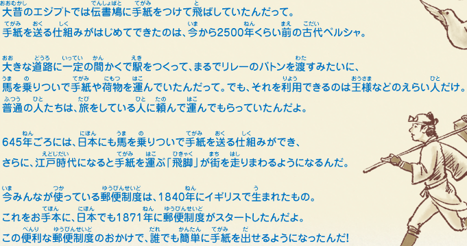 大昔のエジプトでは伝書鳩に手紙をつけて飛ばしていたんだって。手紙を送る仕組みがはじめてできたのは、今から2500年くらい前の古代ペルシャ。大きな道路に一定の間かくで駅をつくって、まるでリレーのバトンを渡すみたいに、馬を乗りついで手紙や荷物を運んでいたんだって。でも、それを利用できるのは王様などのえらい人だけ。普通の人たちは、旅をしている人に頼んで運んでもらっていたんだよ。645年ごろには、日本にも馬を乗りついで手紙を送る仕組みができ、さらに、江戸時代になると手紙を運ぶ「飛脚」が街を走りまわるようになるんだ。今みんなが使っている郵便制度は、1840年にイギリスで生まれたもの。これをお手本に、日本でも1871年に郵便制度がスタートしたんだよ。この便利な郵便制度のおかけで、誰でも簡単に手紙を出せるようになったんだ！