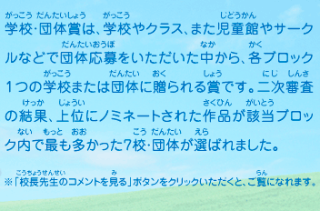 学校・団体賞は、学校やクラス、また児童館やサークルなどで団体応募をいただいた中から、各ブロック１つの学校または団体に贈られる賞です。二次審査の結果、上位にノミネートされた作品が該当ブロック内で最も多かった7校・団体が選ばれました。　※「校長先生のコメントを見る」ボタンをクリックいただくと、ご覧になれます。