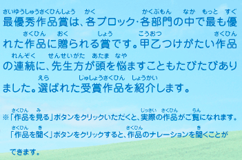 最優秀作品賞は、各ブロック・各部門の中で最も優れた作品に贈られる賞です。甲乙つけがたい作品の連続に、先生方が頭を悩ますこともたびたびありました。選ばれた受賞作品を紹介します。　※「作品を見る」ボタンをクリックいただくと、実際の作品がご覧になれます。「作品を聞く」ボタンをクリックすると、作品のナレーションを聞くことができます。