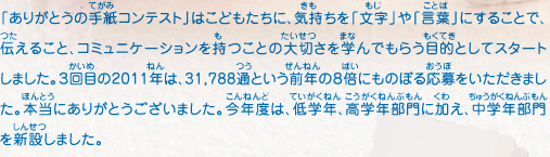 「ありがとうの手紙コンテスト」はこどもたちに、気持ちを「文字」や「言葉」にすることで、伝えること、コミュニケーションを持つことの大切さを学んでもらう目的としてスタートしました。３回目の2011年は、31,788通という前年の８倍にものぼる応募をいただきました。本当にありがとうございました。今年度は、低学年、高学年部門に加え、中学年部門を新設しました。