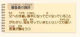 ●審査員の講評　父への手紙。後半になって亡くなっていることがわかり、母を守っていきたいという力強い言葉が胸をうつ