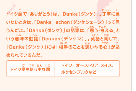 ドイツ語で「ありがとう」は、「ダンケ」。丁寧に言いたいときは、「ダンケシェーン」って言うんだよ。「ダンケ」の語源は、「思う・考える」という意味の動詞「デンケン」。英語と同じで、「ダンケ」には「相手のことを思いやる心」が込められているんだ。　ドイツ語を使う主な国／ドイツ、 オーストリア、スイス、ルクセンブルクなど