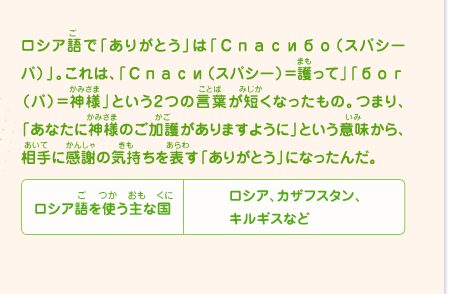 ロシア語で「ありがとう」は「スパシーバ」。これは、「スパシー＝護って」「バ＝神様」という2つの言葉が短くなったもの。つまり、「あなたに神様のご加護がありますように」という意味から、相手に感謝の気持ちを表す「ありがとう」になったんだ。　ロシア語を使う主な国／ロシア、カザフスタン、キルギスなど