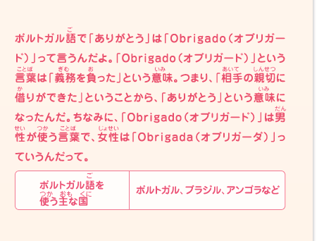 ポルトガル語で「ありがとう」は「オブリガード」って言うんだよ。「オブリガード」という言葉は「義務を負った」という意味。つまり、「相手の親切に借りができた」ということから、「ありがとう」という意味になったんだ。ちなみに、「オブリガード」は男性が使う言葉で、女性は「オブリガーダ」っていうんだって。　ポルトガル語を使う主な国／ポルトガル、ブラジル、アンゴラなど