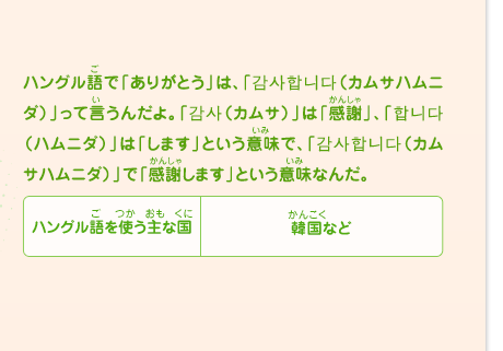 ハングル語で「ありがとう」は、「カムサハムニダ」って言うんだよ。「カムサ」は「感謝」、「ハムニダ」は「します」という意味で、「カムサハムニダ」で「感謝します」という意味なんだ。　ハングル語を使う主な国／韓国など