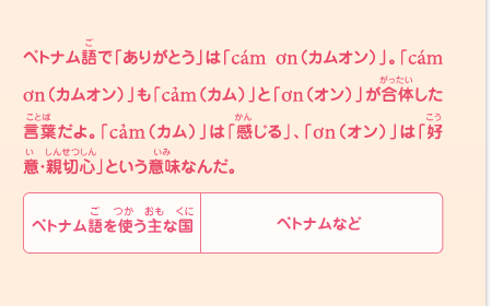 ベトナム語で「ありがとう」は「カムオン」。「カムオン」も「カム」と「オン」が合体した言葉だよ。「カム」は「感じる」、「オン」は「好意・親切心」という意味なんだ。　ベトナム語を使う主な国／ベトナムなど