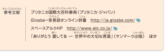 参考文献／ブリタニカ国際大百科事典（ブリタニカ・ジャパン）、
							Glosbe－多言語オンライン辞書　http://ja.glosbe.com/、
							スペースアルクHP　http://www.alc.co.jp/、
							「ありがとう 愛してる ― 世界中の大切な言葉」（サンマーク出版）　ほか