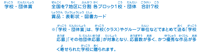 学校・団体賞／全国を７地区に分割 各ブロック１校・団体　合計７校、賞品：表彰状・図書カード　※「学校・団体賞」は、学校（クラス）やグループ単位などでまとめて送る「学校応募」「その他団体応募」が対象となり、応募数が多く、かつ優秀な作品が多く寄せられた学校に贈られます。