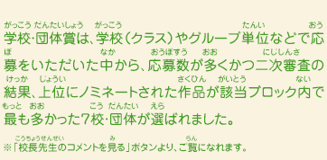 学校・団体賞は、学校（クラス）やグループ単位などで応募をいただいた中から、応募数が多くかつ二次審査の結果、上位にノミネートされた作品が該当ブロック内で最も多かった７校・団体が選ばれました。　※「校長先生のコメントを見る」ボタンより、ご覧になれます。