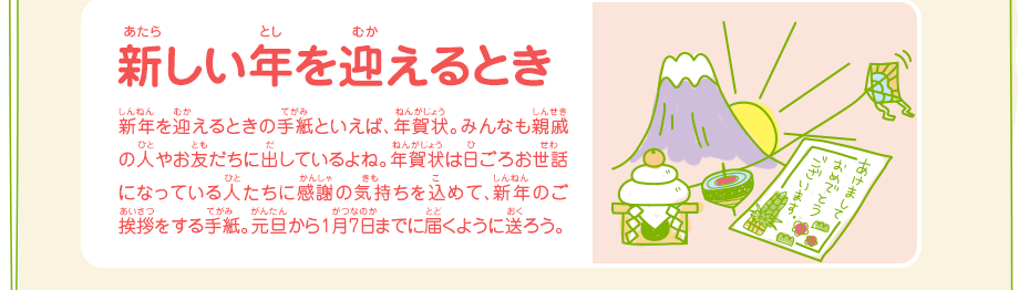 新しい年を迎えるとき／新年を迎えるときの手紙といえば、年賀状。みんなも親戚の人やお友だちに出しているよね。年賀状は日ごろお世話になっている人たちに感謝の気持ちを込めて、新年のご挨拶をする手紙。元旦から1月7日までに届くように送ろう。