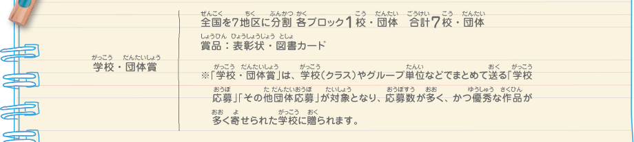 学校・団体賞／全国を７地区に分割 各ブロック１校・団体　合計７校校・団体、賞品：表彰状・図書カード　※「学校・団体賞」は、学校（クラス）やグループ単位などでまとめて送る「学校応募」「その他団体応募」が対象となり、応募数が多く、かつ優秀な作品が多く寄せられた学校に贈られます。