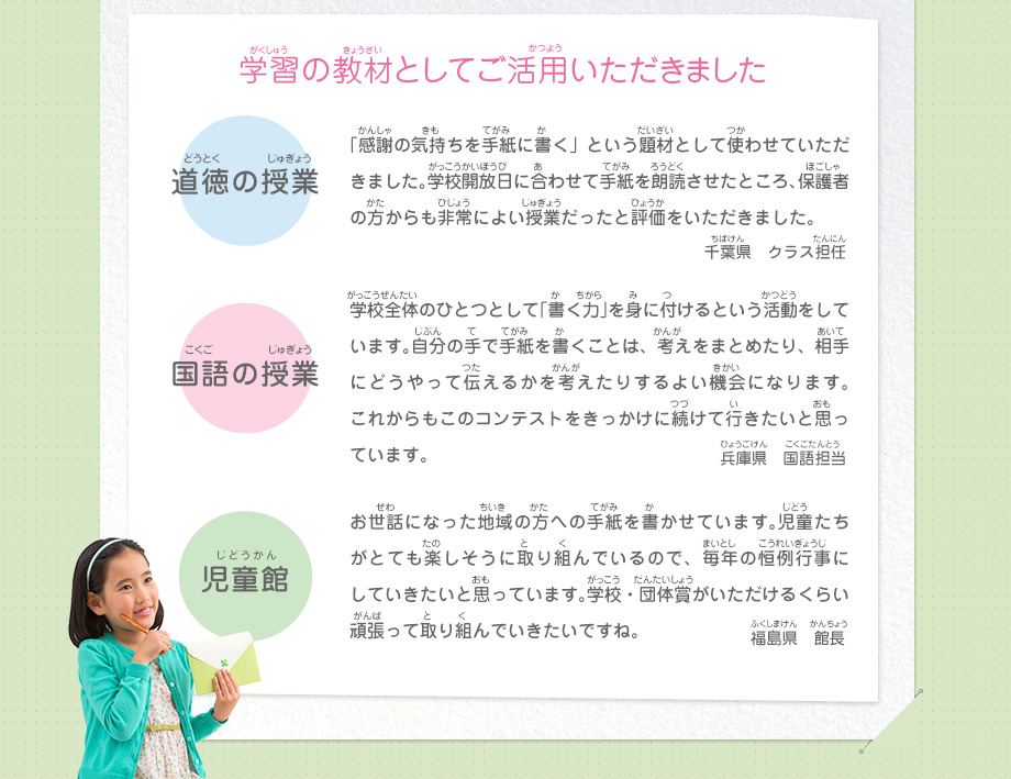 学習の教材としてご活用いただきました
							道徳の授業／「感謝の気持ちを手紙に書く」という題材として使わせていただきました。学校開放日に合わせて手紙を朗読させたところ、保護者の方からも非常によい授業だったと評価をいただきました。　千葉県　クラス担任
							国語の授業／学校全体のひとつとして「書く力」を身に付けるという活動をしています。自分の手で手紙を書くことは、考えをまとめたり、相手にどうやって伝えるかを考えたりするよい機会になります。これからもこのコンテストをきっかけに続けて行きたいと思っています。　兵庫県　国語担当
							児童館／お世話になった地域の方への手紙を書かせています。児童たちがとても楽しそうに取り組んでいるので、毎年の恒例行事にしていきたいと思っています。学校・団体賞がいただけるくらい頑張って取り組んでいきたいですね。　福島県　館長