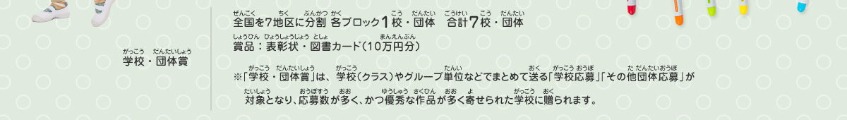 学校・団体賞／全国を７地区に分割 各ブロック１校・団体　合計７校校・団体、賞品：表彰状・図書カード（10万円分）　※「学校・団体賞」は、学校（クラス）やグループ単位などでまとめて送る「学校応募」「その他団体応募」が対象となり、応募数が多く、かつ優秀な作品が多く寄せられた学校に贈られます。