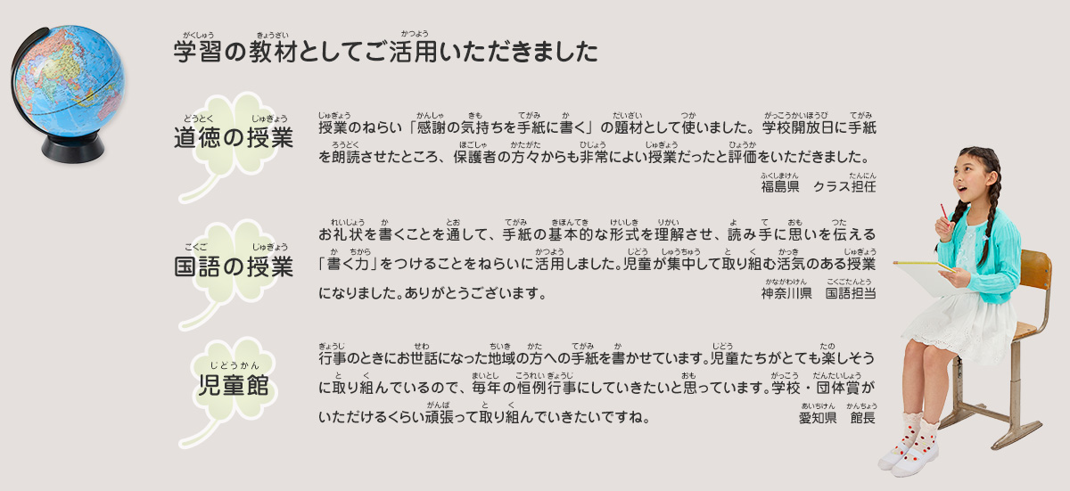 学習の教材としてご活用いただきました
							道徳の授業／授業のねらい「感謝の気持ちを手紙に書く」の題材として使いました。学校開放日に手紙を朗読させたところ、保護者の方々からも非常によい授業だったと評価をいただきました。　福島県　クラス担任
							国語の授業／お礼状を書くことを通して、手紙の基本的な形式を理解させ、読み手に思いを伝える「書く力」をつけることをねらいに活用しました。児童が集中して取り組む活気のある授業になりました。ありがとうございます。　神奈川県　国語担当
							児童館／行事のときにお世話になった地域の方への手紙を書かせています。児童たちがとても楽しそうに取り組んでいるので、毎年の恒例行事にしていきたいと思っています。学校・団体賞がいただけるくらい頑張って取り組んでいきたいですね。　愛知県　館長