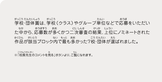 学校・団体賞は、学校（クラス）やグループ単位などで応募をいただいた中から、応募数が多くかつ二次審査の結果、上位にノミネートされた作品が該当ブロック内で最も多かった７校・団体が選ばれました。　※「校長先生のコメントを見る」ボタンより、ご覧になれます。