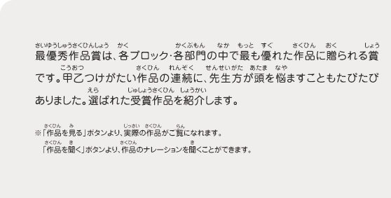 最優秀作品賞は、各ブロック・各部門の中で最も優れた作品に贈られる賞です。甲乙つけがたい作品の連続に、先生方が頭を悩ますこともたびたびありました。選ばれた受賞作品を紹介します。　※「作品を見る」ボタンより、実際の作品がご覧になれます。　「作品を聞く」ボタンより、作品のナレーションを聞くことができます。